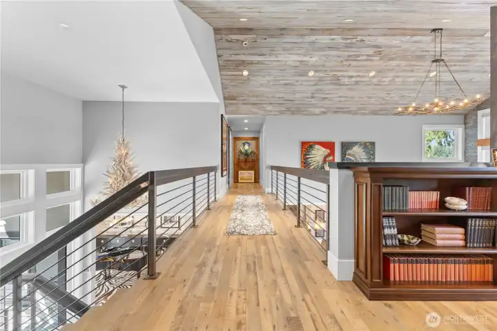 Custom steel built railing, Pecky cypress ceiling