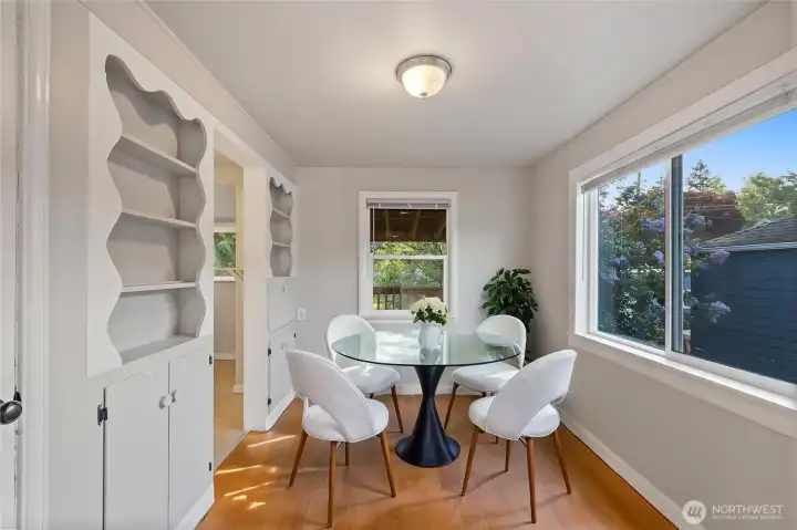 virtually staged dining room with original built-ins