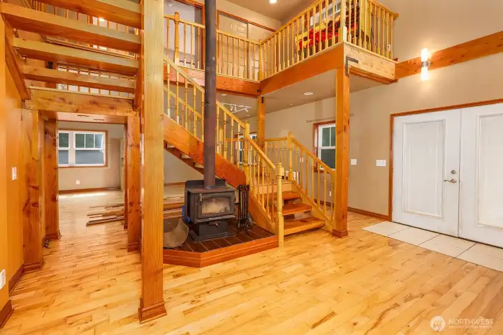 Main floor has wood fireplace.