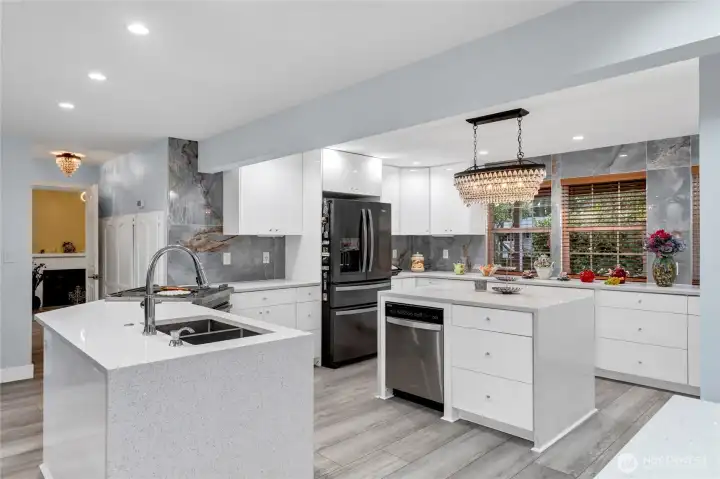 View of kitchen with elegant lighting