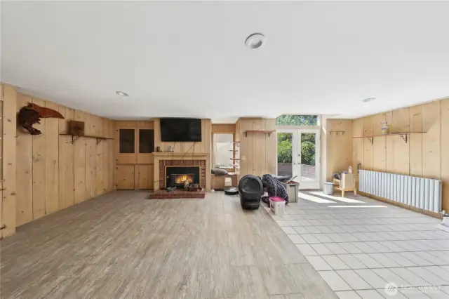 Lower-Level Family Room with Gas Fireplace and Access to a Patio