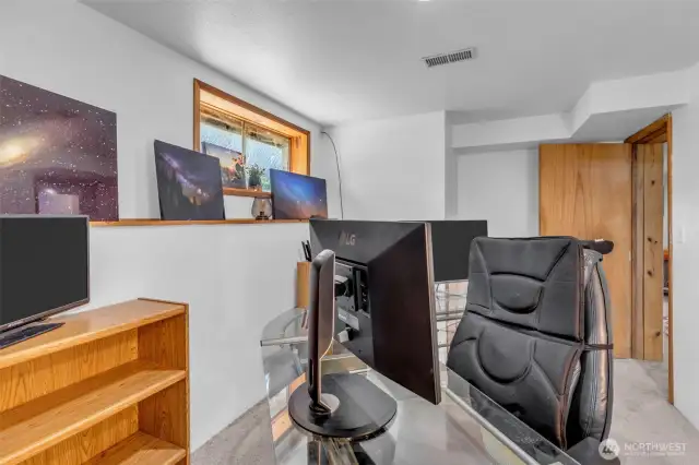 2nd bedroom - Lower level - with tons of space. Double desk, paintings and bookshelves show length.