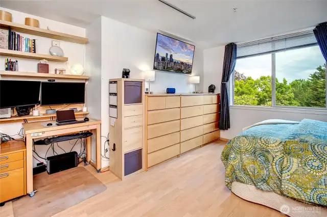 Spacious primary with ensuite allows for an office nook.