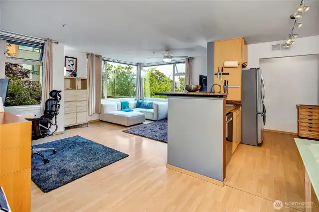 Open concept living, dining and kitchen with additional storage and laundry.