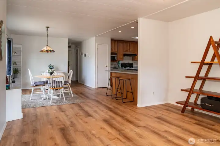View from living room. Versatile space between living and dining could be transformed to fit any need.