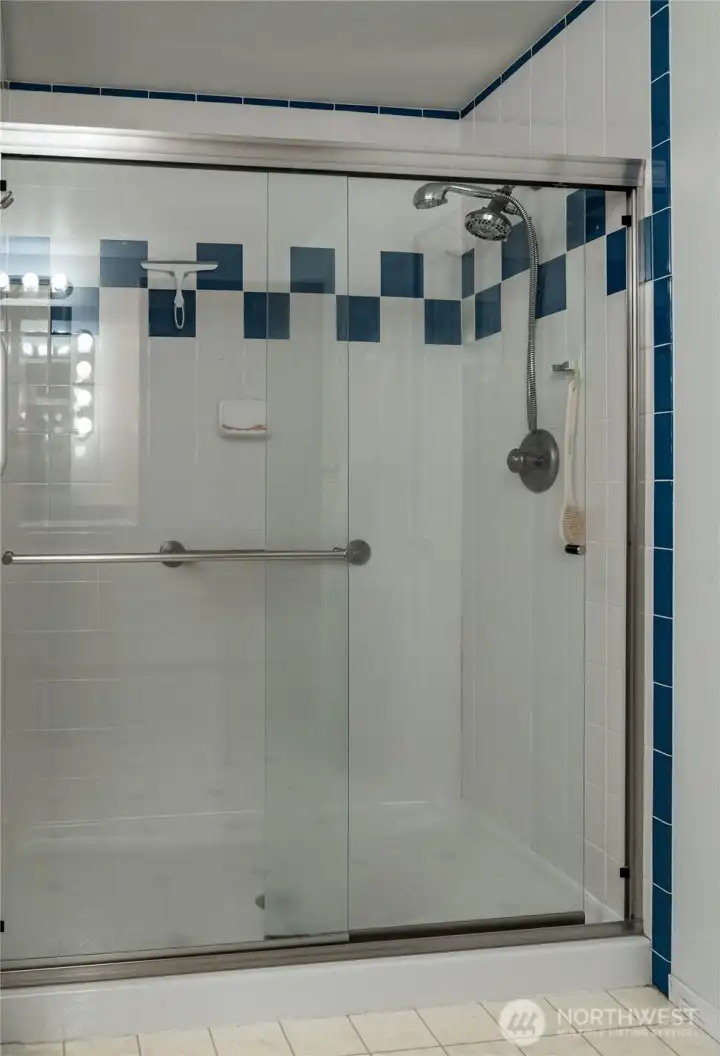Primary bathroom with walk-in shower.