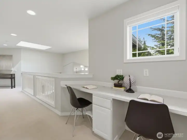 Built in double seated desk in the upstairs hallway