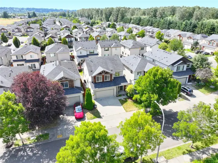 An overhead drone view of where the home sits on a private dead-end street. An overhead drone view of where the home sits on a private dead-end street.