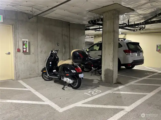 Designated parking #128, not conforming for most vehicles but perfect for up to 2 motorcycles or maybe a smart car.