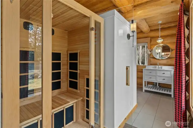 Primary bathroom with suana and walk in closet.