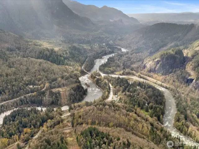 Aerial view of property and river