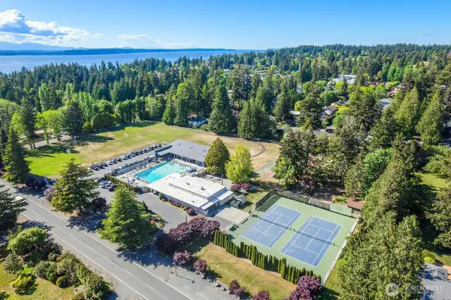 Innis Arden clubhouse, courts, pool, and field.