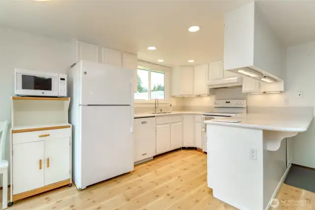 Thick Pergo flooring is solid and comfortable. And don't forget the Corian countertops and Kohler sink!
