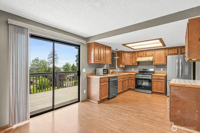 Large kitchen with plenty of storage space.