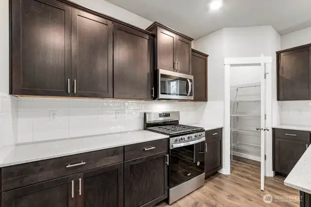 Gourmet gas range is not shown in this picture. This home will have a large vent above the floating gas range. Microwave and oven are separate.