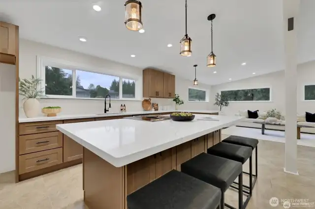 Modern kitchen with sleek new quarts, new cabinets with room to gather.