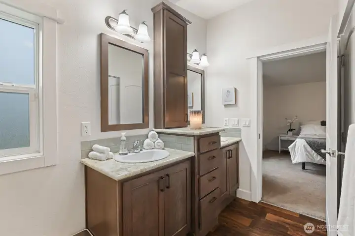 Dual-sink vanity offering added space and convenience for daily routines.
