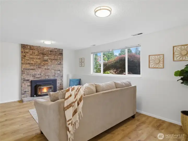 Gas fireplace in lower level living/bonus area.