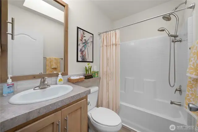 Hall bathroom with a skylight.