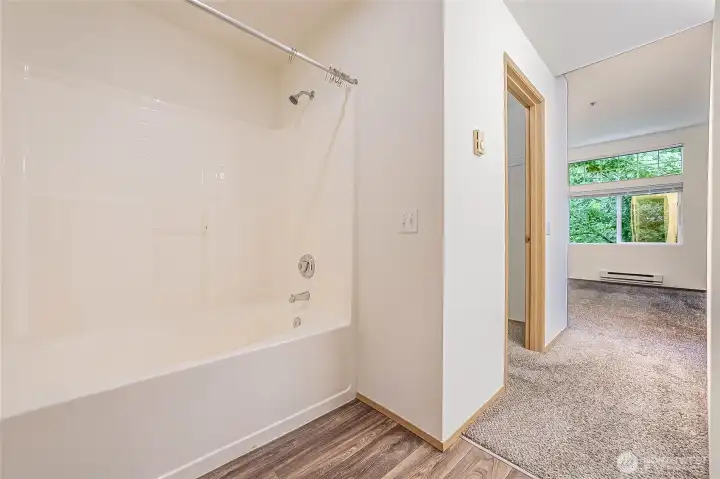 Primary Bathroom and Great View from Primary Bedroom of Pacific Northwest Trees providing beauty, privacy and shade.