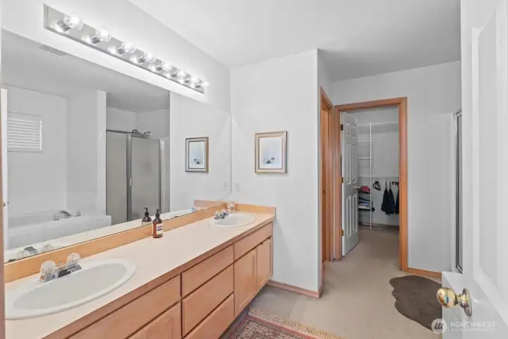 Primary bathroom - double sinks. Primary bathroom - double sinks.