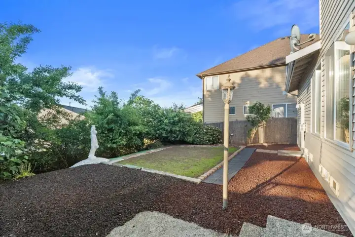 Fenced in back yard, relatively private with shade and fruit trees. Fenced in back yard, relatively private with shade and fruit trees.