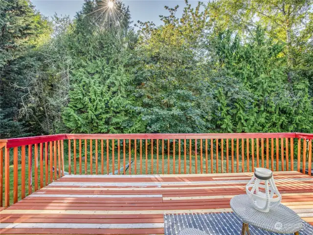 The deck looks out upon the backyard and greenbelt.