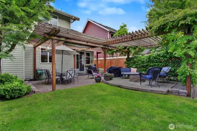 Very large yard that backs up against a large green space.