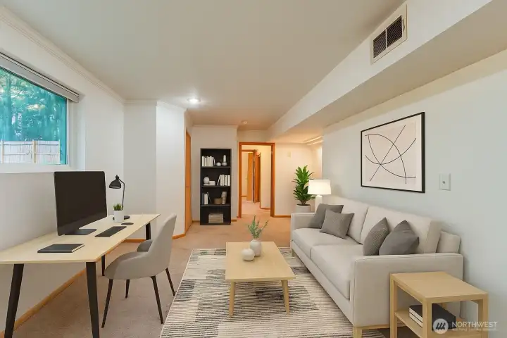 Virtual Staged Downstairs bonus room, great for office or 4th bedroom use.