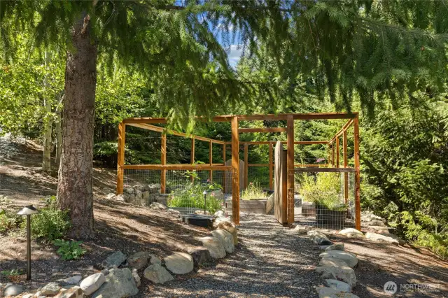 Fenced garden space with raised planters.