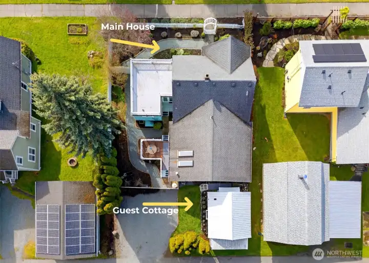 Aerial view of the main home and guest cottage.