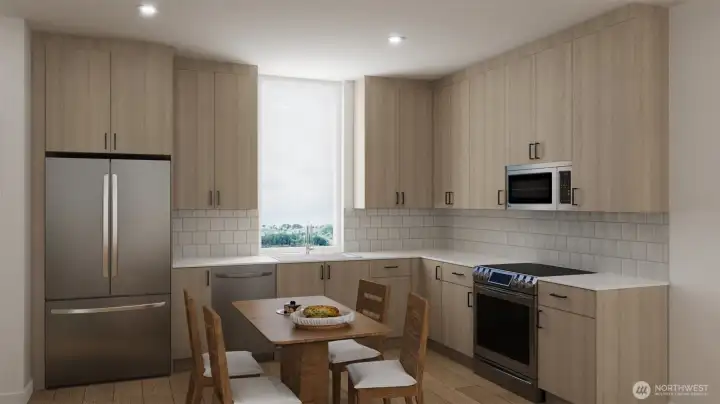 Modern kitchen with stainless steel appliances and light wood cabinetry. (these are digital rendering, not represented of the actual home, materials & finishes subject to change)