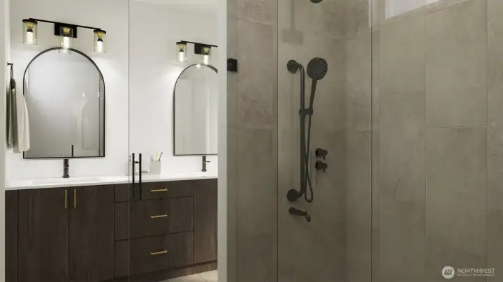 Contemporary bathroom featuring sleek fixtures and a walk-in shower. (this is a digital rendering, materials & finishes subject to change) Contemporary bathroom featuring sleek fixtures and a walk-in shower. (this is a digital rendering, materials & finishes subject to change)
