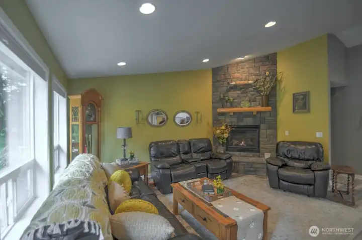 Cozy up next to the propane fireplace