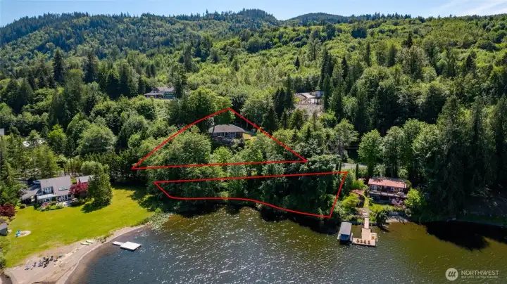 Sale includes parcel P62026 (18202 W. Big Lake Blvd) a .43 acre lot with a 3 bed home, plus detached shop/garage, AND a 1/6 undivided interest in parcel P62025, a .28 acre undeveloped waterfront parcel immediately in front of the home. Red outlines illustrate approximate parcel lines.
