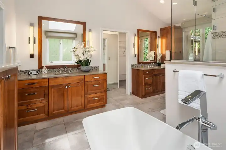 Fabulous Primary bath remodel with dual sinks, modern soaking tub + generous closet
