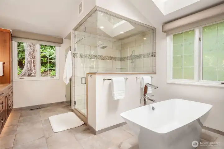Modern soaking tub + dual head shower