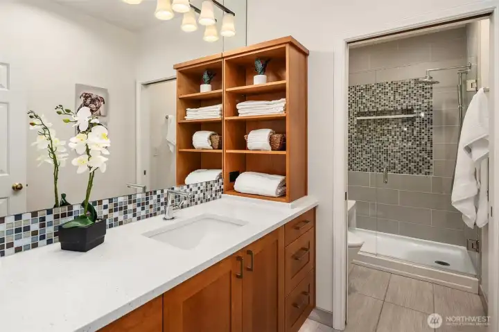 Remodeled 3/4 bath with custom tile shower + heated floors