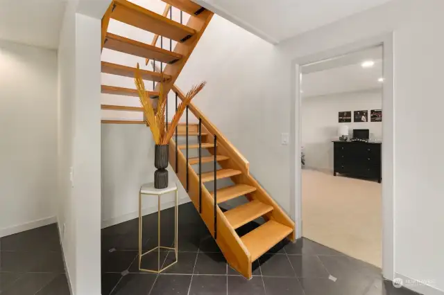 Stylish Staircase with Custom Myrtle Wood Railing