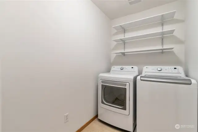 Brand new washer and dryer and shelves recently installed for your convenience