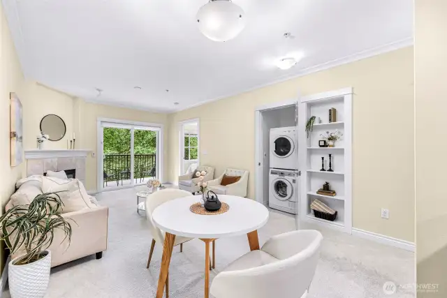 Cozy dining and living space with built in shelving