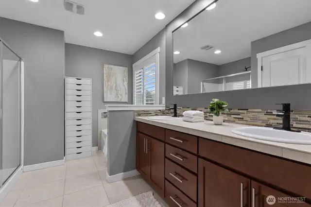 5 piece: shower, soaking tub, toilet, double vanity