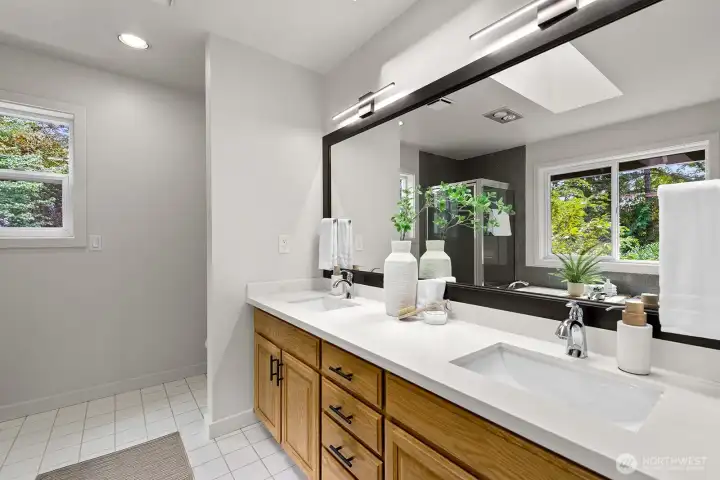 Primary bath with walk-in closet, soaking tub and separate shower