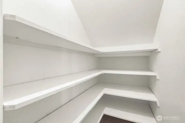 Walk-in pantry provides ample shelving for easy organization.