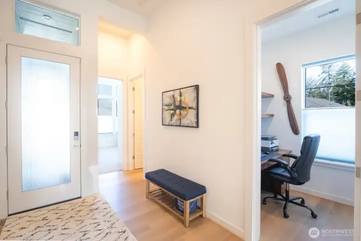 The second bedroom is located next to the second full bath, giving the primary bedroom and guest privacy.