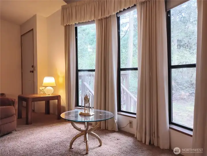 The living room windows face the west and this view looks out to the private yard and the side of the driveway. The living room windows face the west and this view looks out to the private yard and the side of the driveway.