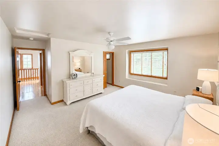 Spacious main floor primary features four windows and a large walk in closet