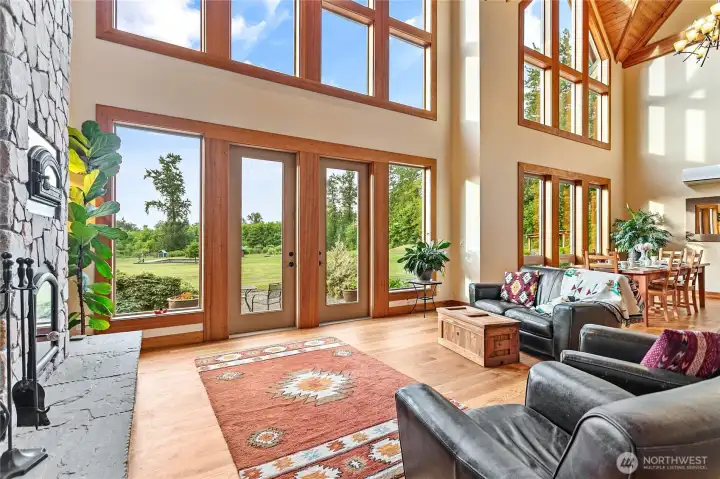 The huge windows allow natural light to flood in.
