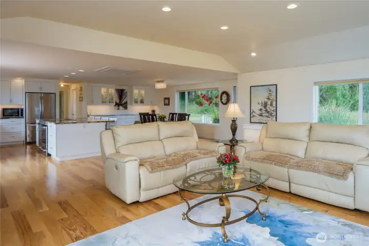 Living room with hickory floors.