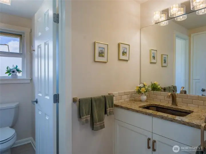 Powder room has a copper sink which matches the copper in the lights.